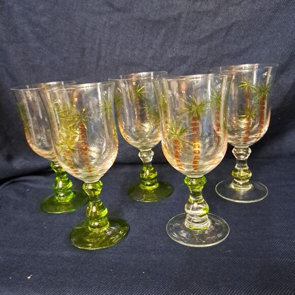 Hand Painted Palm Tree Wine Glasses Hand Painted Goblet Beach Theme Set of 5 - Picture 1 of 4